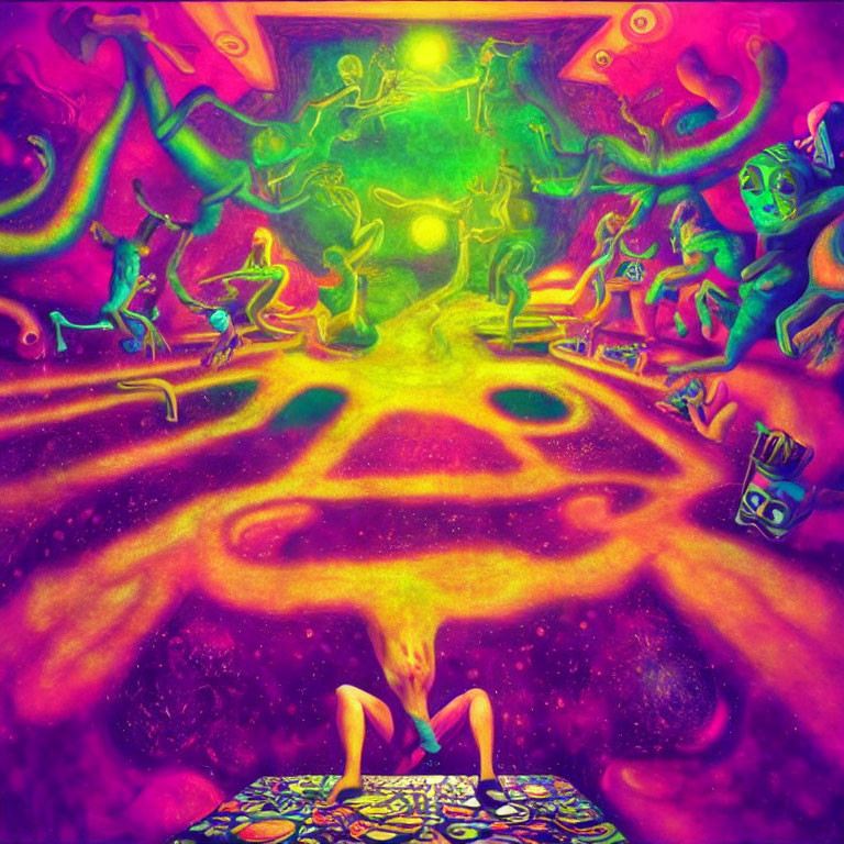 Colorful Psychedelic Artwork of Meditating Figure surrounded by Fantastical Elements