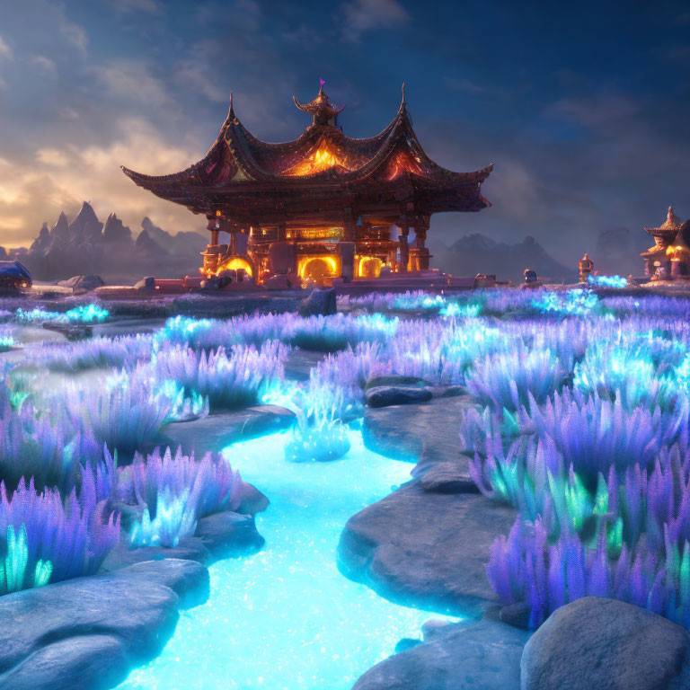Traditional Asian pavilion surrounded by glowing flora and blue stream at twilight