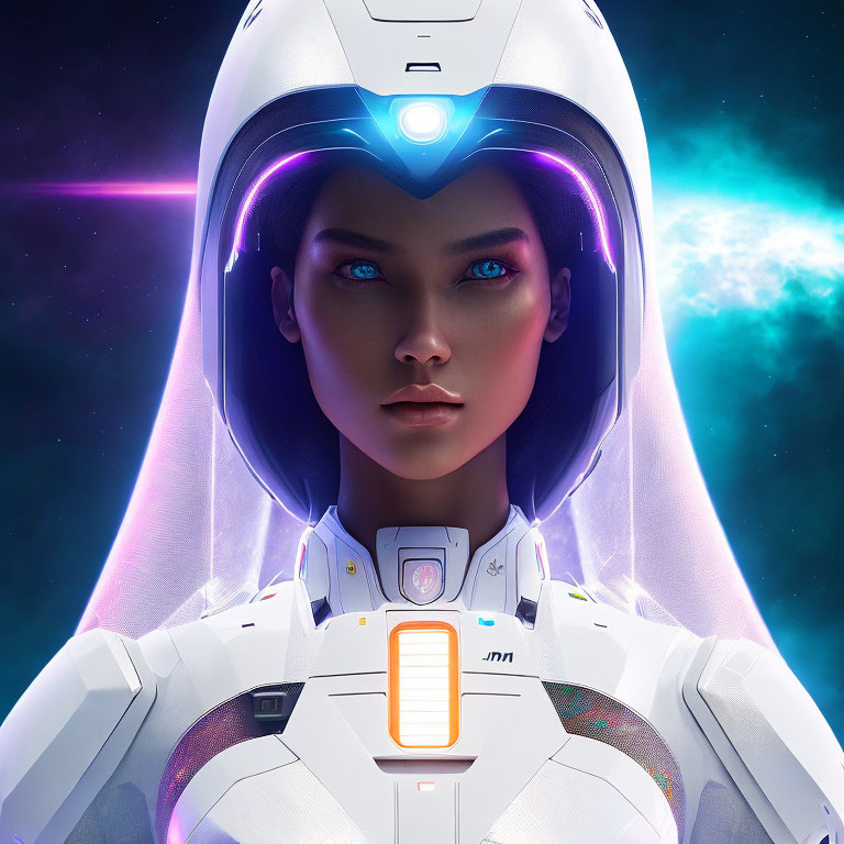 Futuristic female character in white high-tech suit with glowing blue eyes