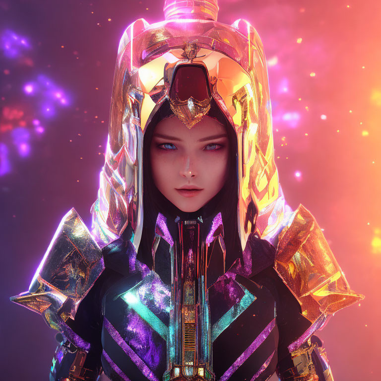 Futuristic female figure in glowing armor with blue eyes and intricate helmet against cosmic backdrop