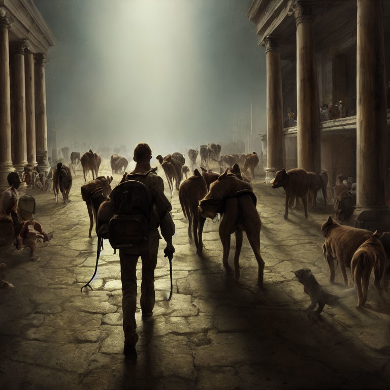 Person with backpack in ancient hall with dogs under dramatic light beam