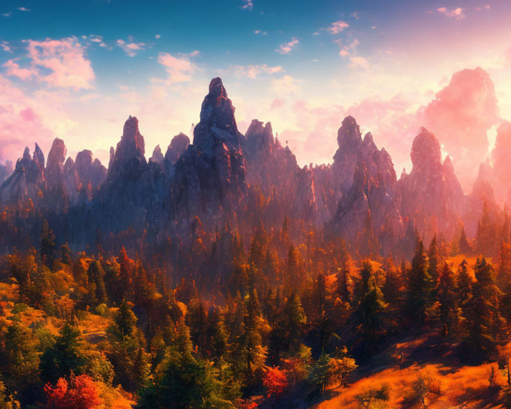 Vibrant forest and jagged mountain peaks at sunset