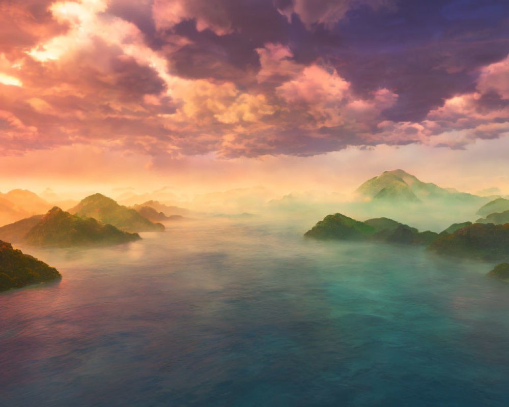 Misty Waters and Mountain Range at Sunrise or Sunset