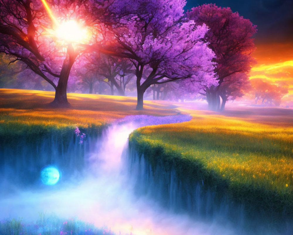 Fantasy landscape with glowing path, flowering trees, sunset, and misty cliffs