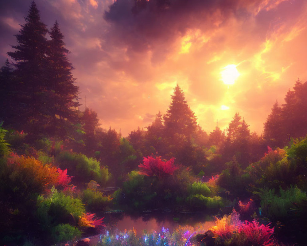 Colorful flora and serene pond in mystical landscape at sunset