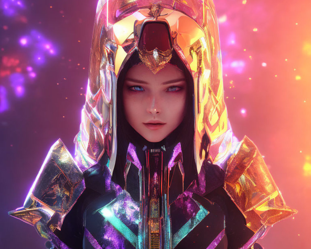 Futuristic female figure in glowing armor with blue eyes and intricate helmet against cosmic backdrop