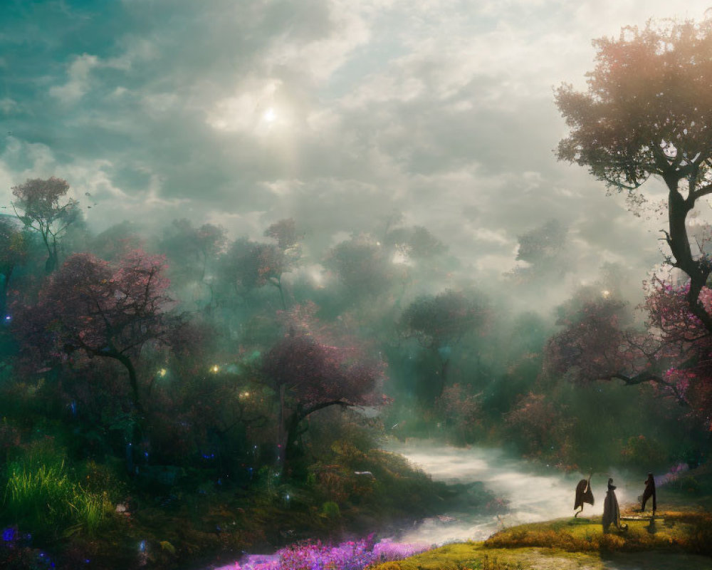 Sunlit Misty Forest with Blooming Trees and Walking Couple