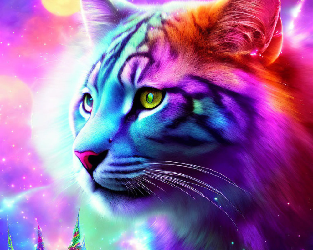 Colorful Tiger Art with Cosmic Moon and Fantasy Castles