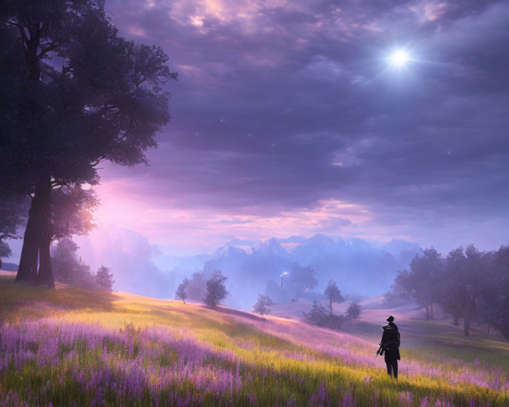 Person in Lavender Field at Dusk with Purple Sky