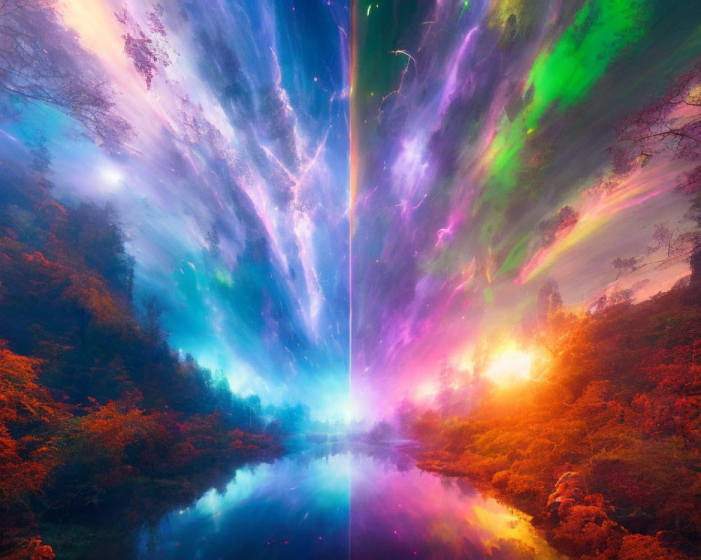 Colorful Digital Art: Mirrored Forest Landscape with Surreal Aurora Sky