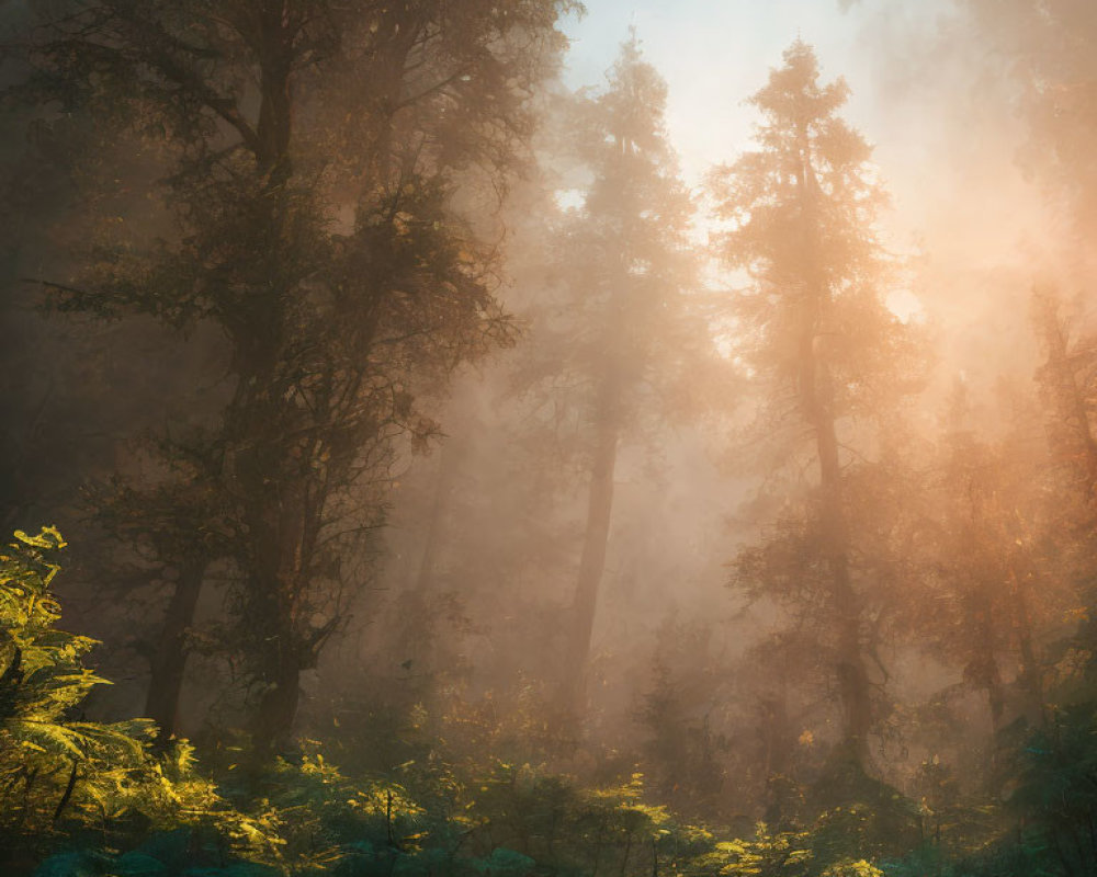 Misty forest with sunlight filtering through towering trees