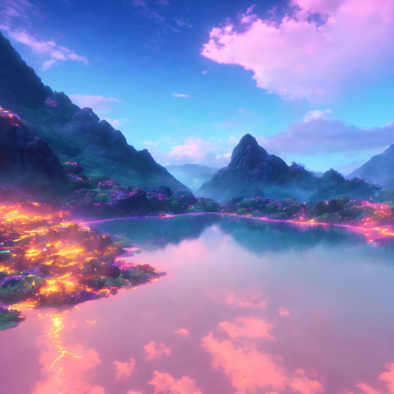 Luminous foliage, mountains, and reflective lake in tranquil landscape