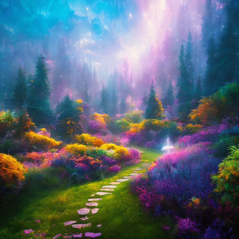 Colorful Forest with Stone Path and Glowing Fountain at Sunrise or Sunset