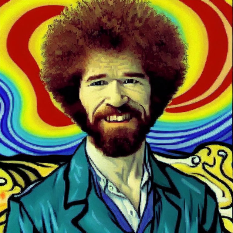 Smiling man with large afro in vibrant swirl background