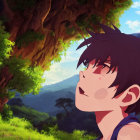 Surprised young person in anime style with lush green landscape and child in distance