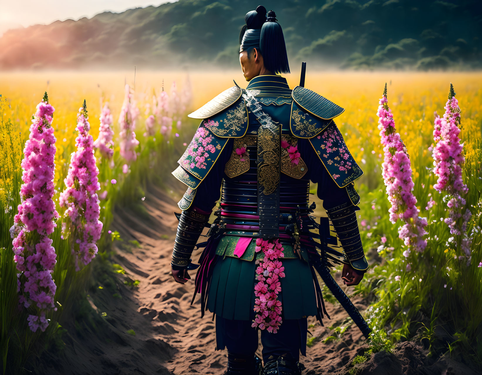 Samurai in traditional armor surrounded by colorful flowers and mist