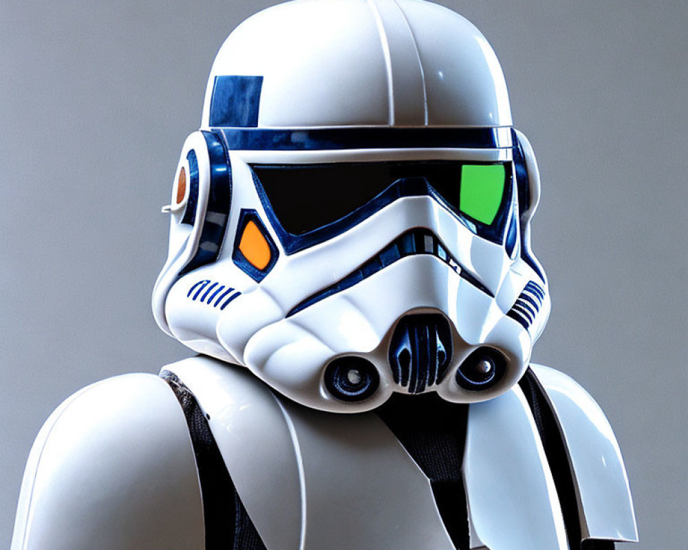 Detailed White and Blue Stormtrooper Helmet Close-Up Shot