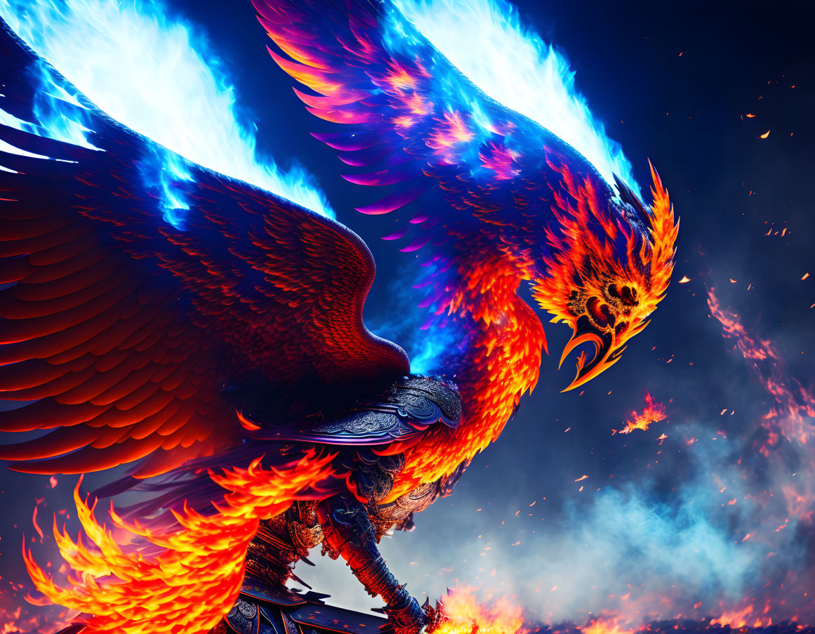 Colorful Phoenix Flying Amid Starry Sky in Vibrant Flames