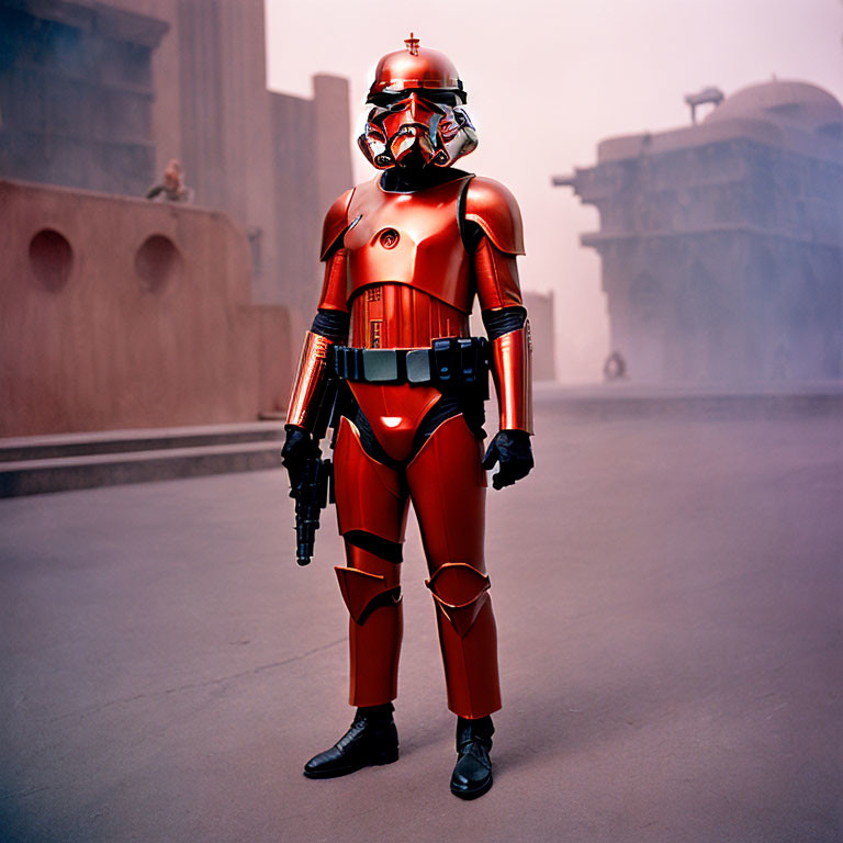 Red and black Stormtrooper costume with blaster in desert cityscape.