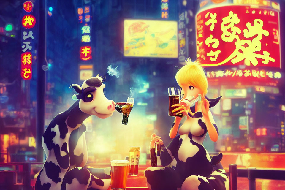 Cow-costumed characters in neon-lit street with Asian signage backdrop.