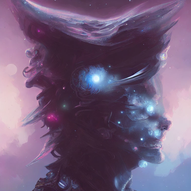 Abstract cosmic portrait with starry elements and ethereal human figure merging into the universe