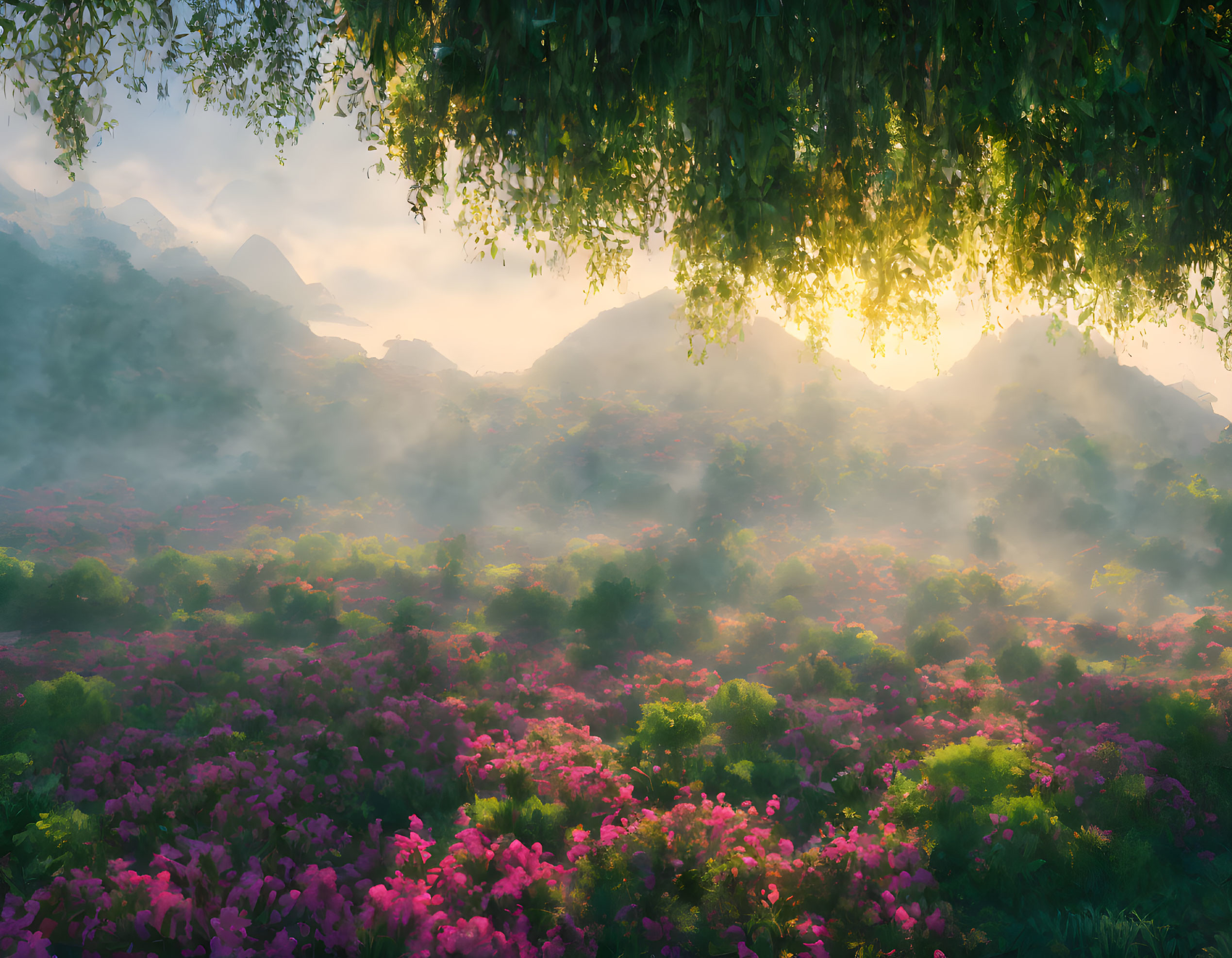 Vibrant pink flowers in lush landscape with misty mountains and warm sun glow