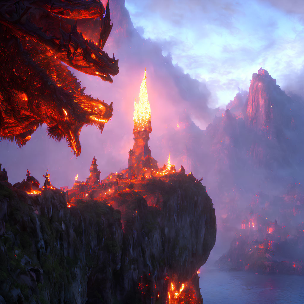 Majestic dragon on cliff in fantasy landscape with glowing structures