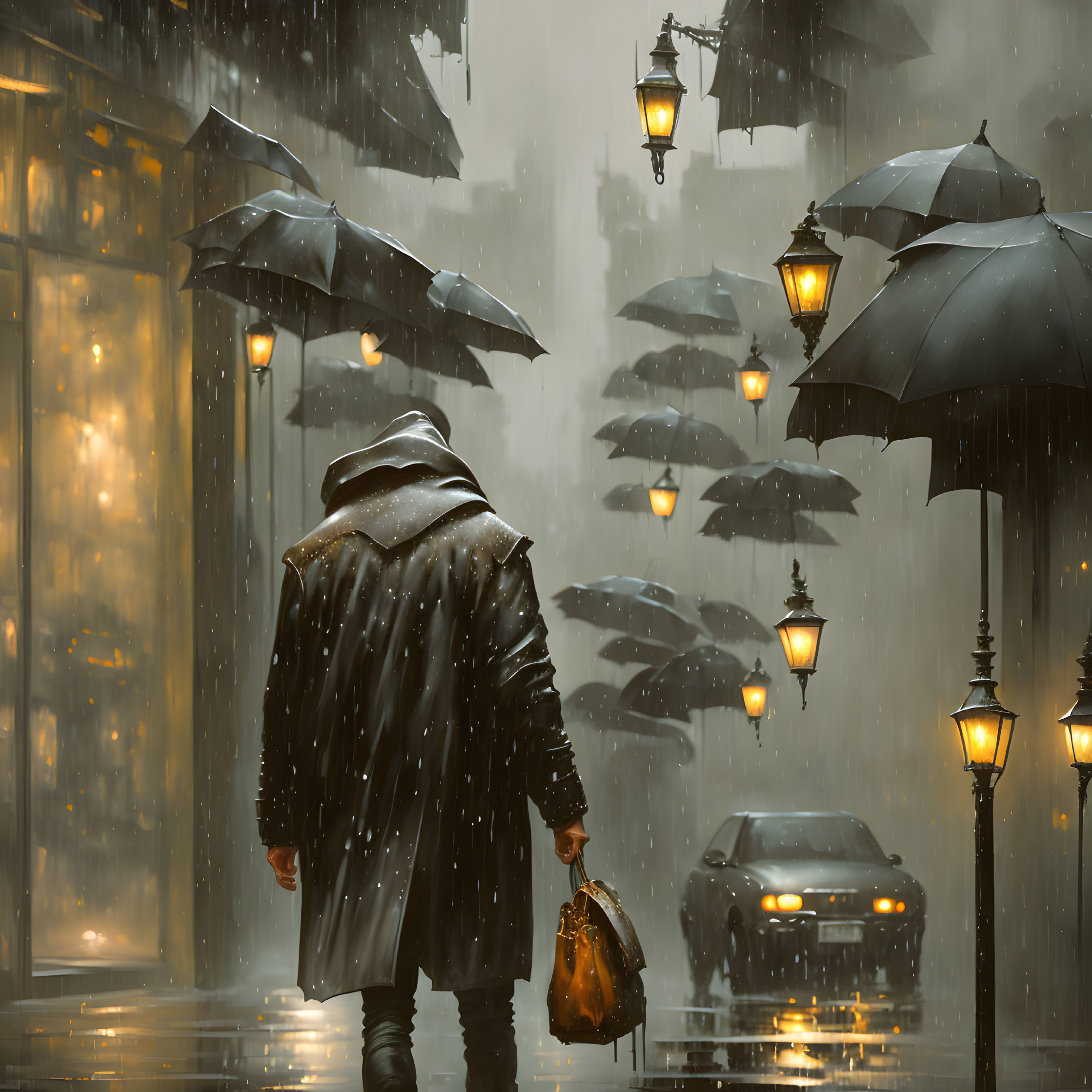 Person with umbrella walks in heavy rain under glowing street lamps among blurry cityscape.