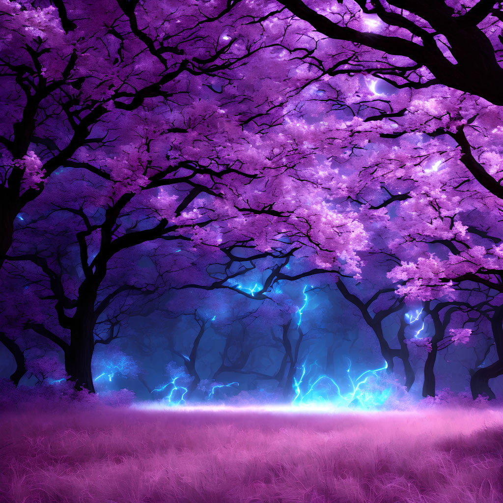 Mystical forest with vibrant purple and pink hues and cherry blossom trees