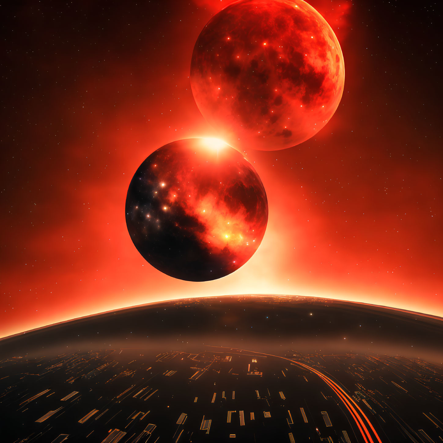 Two large celestial bodies near planet under red sky