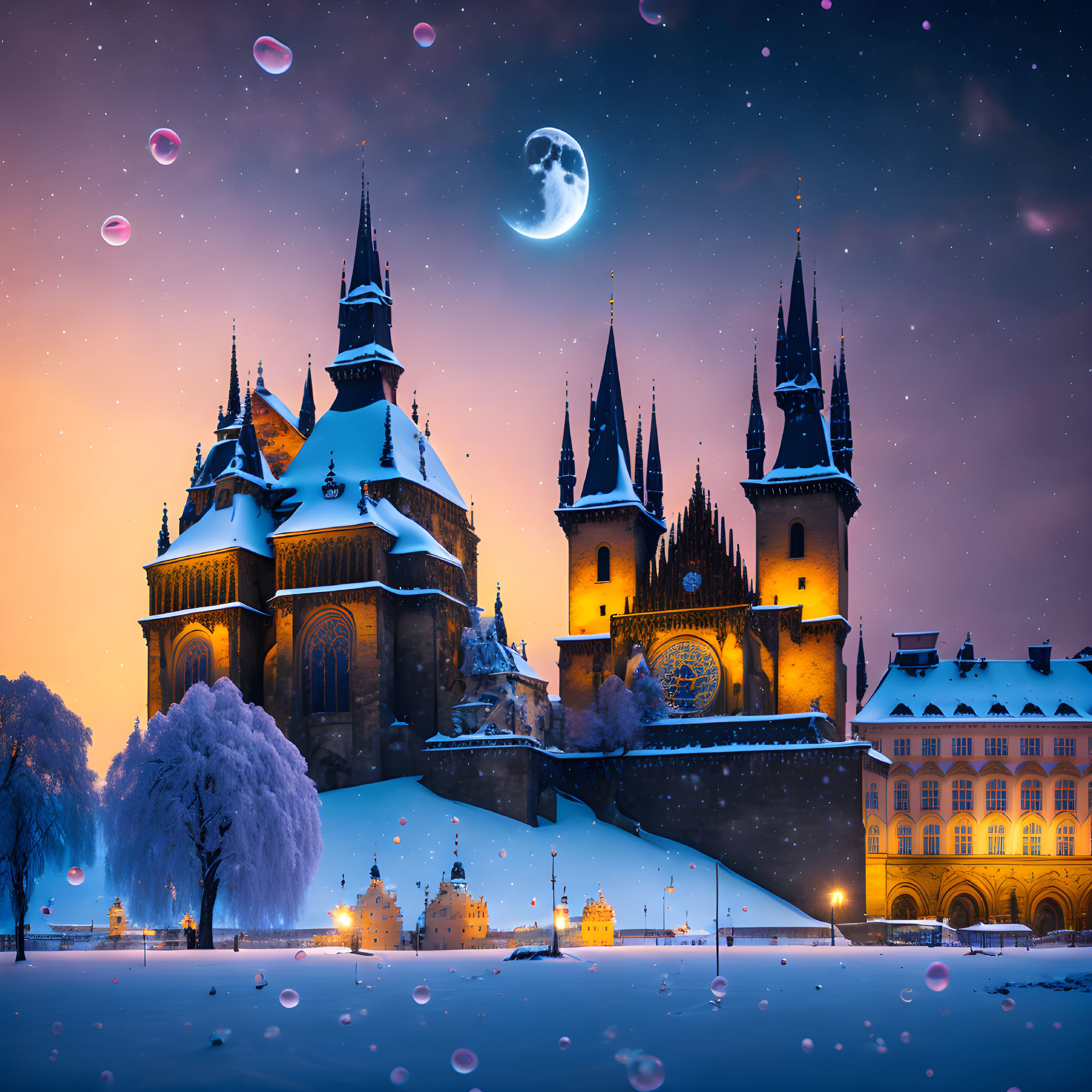 Gothic Cathedral in Snowy Night with Starry Sky and Crescent Moon