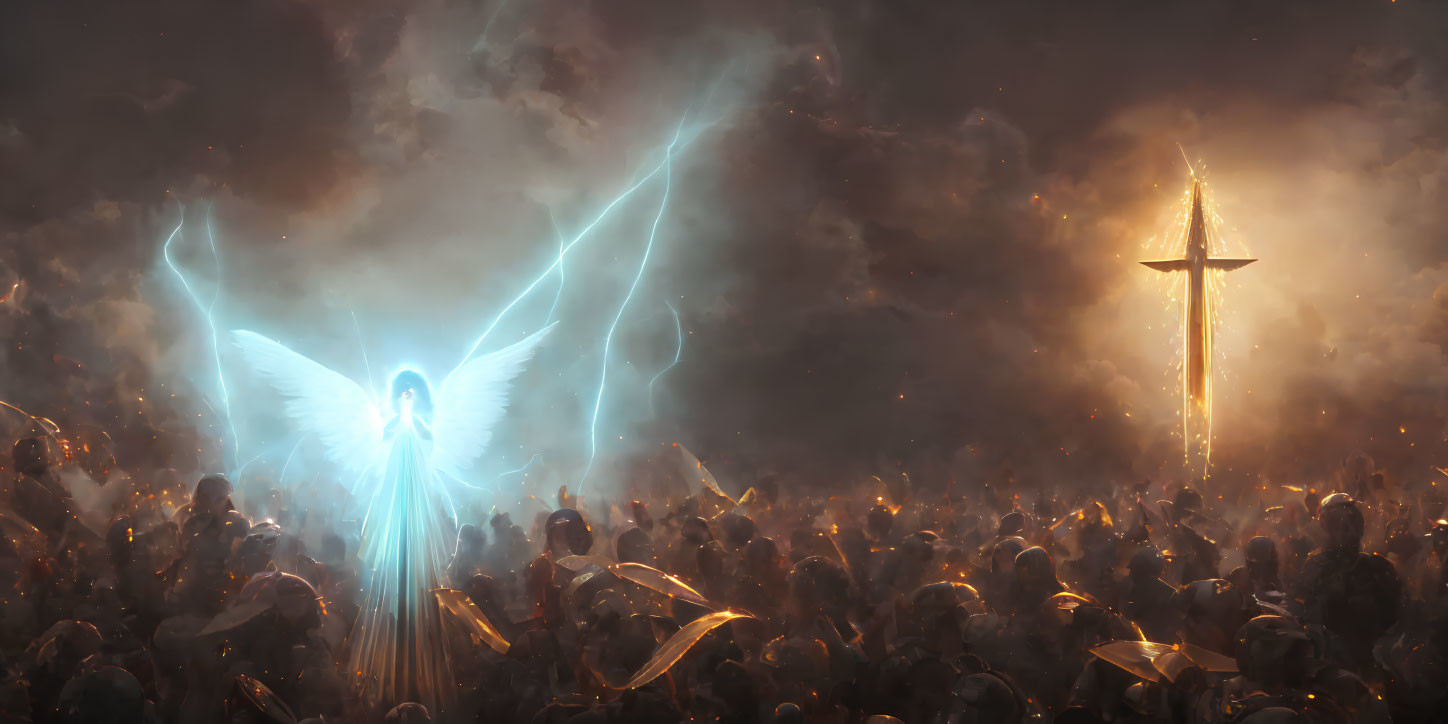 Radiant angel with outstretched wings in chaotic battlefield with lightning and glowing sword
