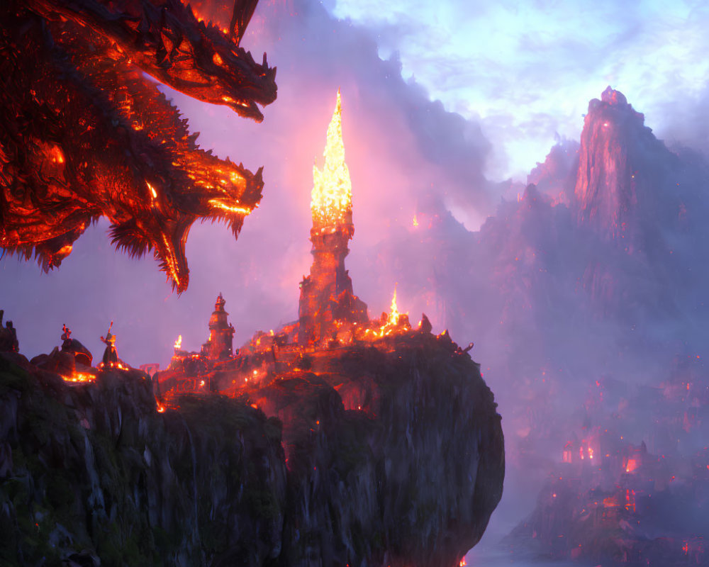 Majestic dragon on cliff in fantasy landscape with glowing structures