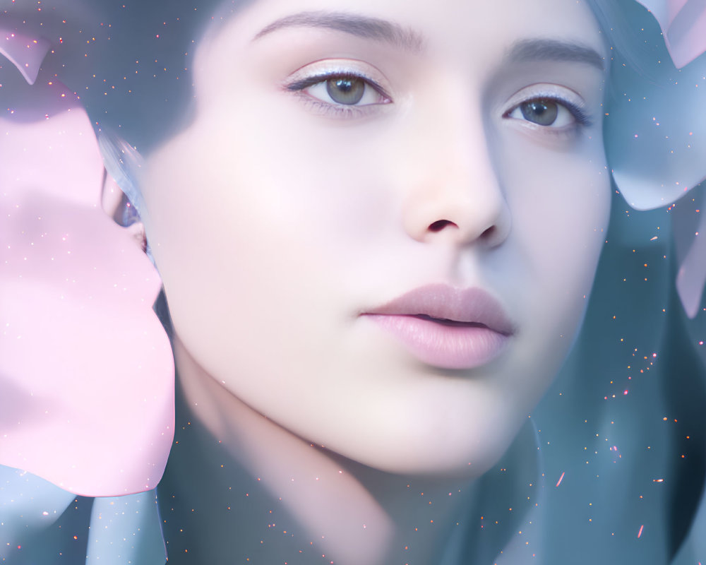 Ethereal woman portrait with pink petals on blue backdrop