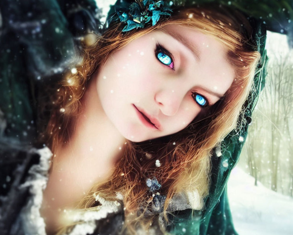 Person with Striking Blue Eyes and Green Headpiece in Snowy Setting
