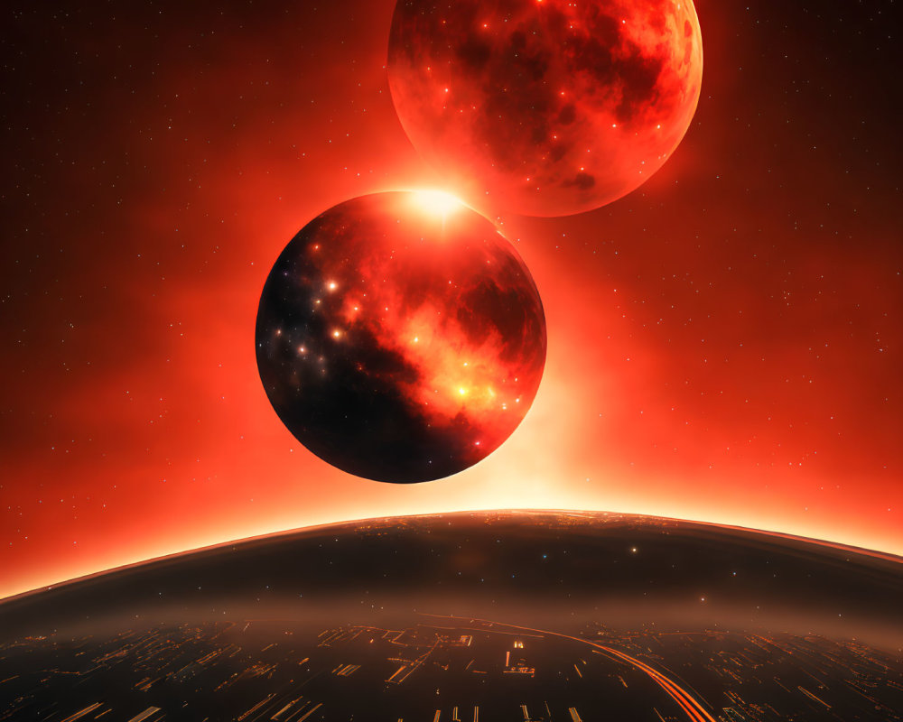 Two large celestial bodies near planet under red sky