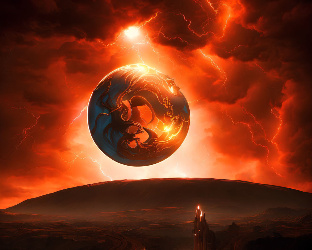 Surreal landscape with fiery yin-yang orb, thunderstorms, road, and futuristic tower
