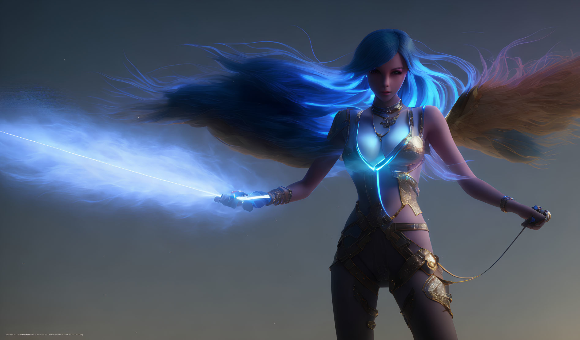 Fantasy digital art of female warrior with blue hair and luminous sword