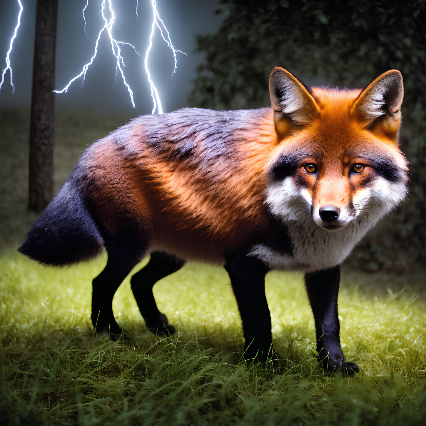 Red fox in grassy clearing with dramatic lightning in forest background