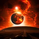 Surreal landscape with fiery yin-yang orb, thunderstorms, road, and futuristic tower
