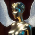 Serene figure with white wings and golden hair in soft lighting