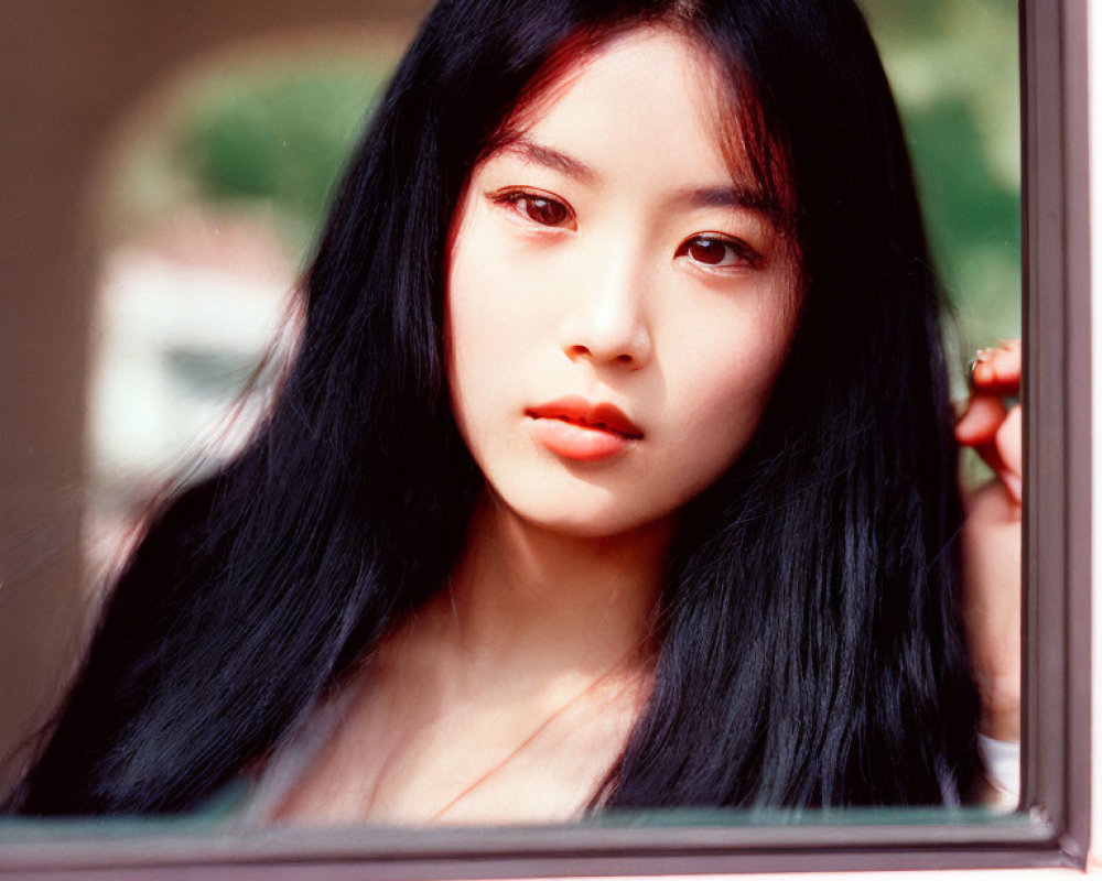Woman with Long Black Hair Looking Through Window in Natural Light