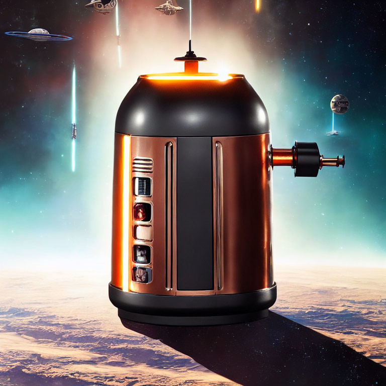 Retro-futuristic toaster spaceship in outer space