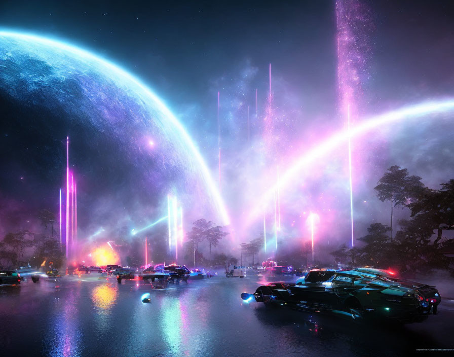 Futuristic sci-fi landscape with hovering cars and neon beams
