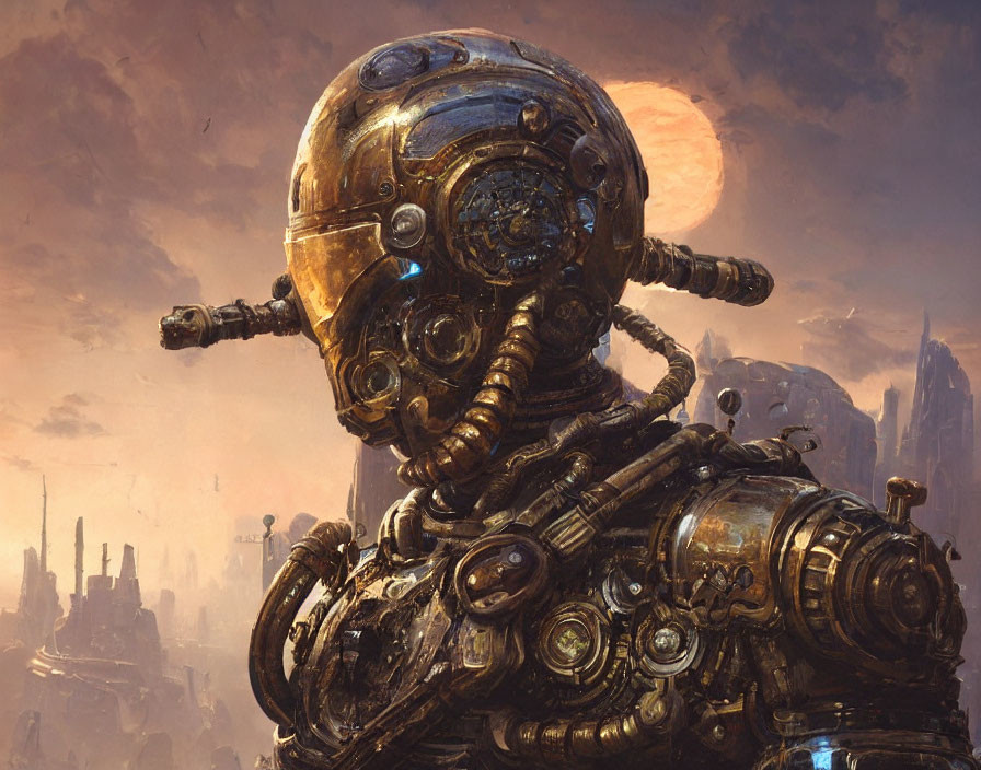 Detailed humanoid robot illustration in complex design against industrial cityscape at sunset