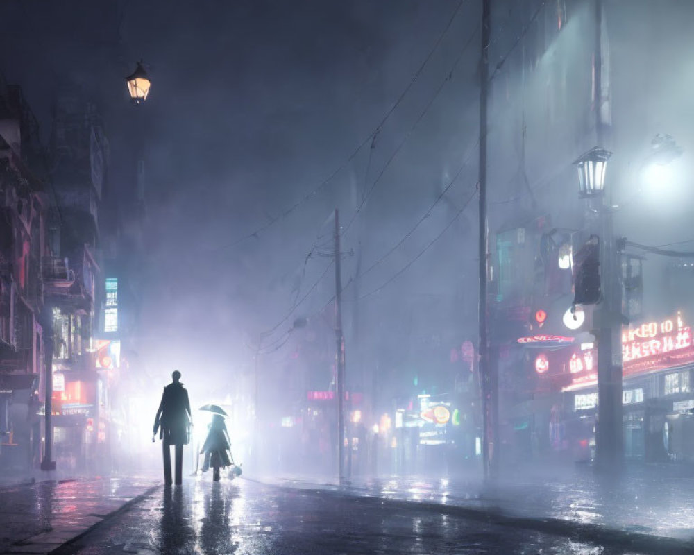 Lonely figure with umbrella in neon-lit urban night scene