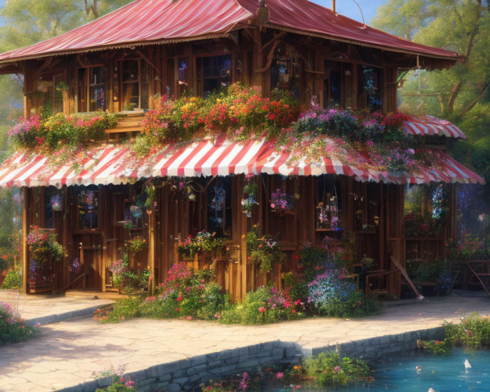 Wooden Gazebo with Vibrant Flowers by Tranquil Blue Pond in Sunny Forest