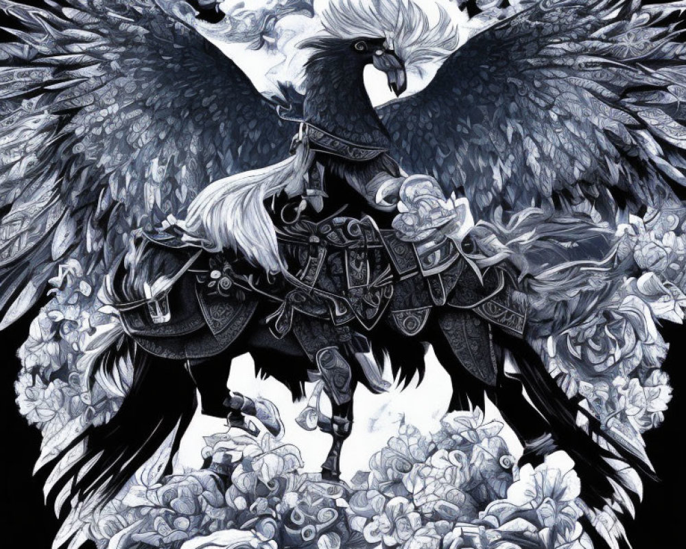 Detailed Monochrome Illustration of Majestic Armored Eagle and Floral Patterns