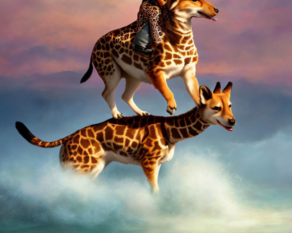 Two dogs with giraffe patterns carry a person in surreal sky scene