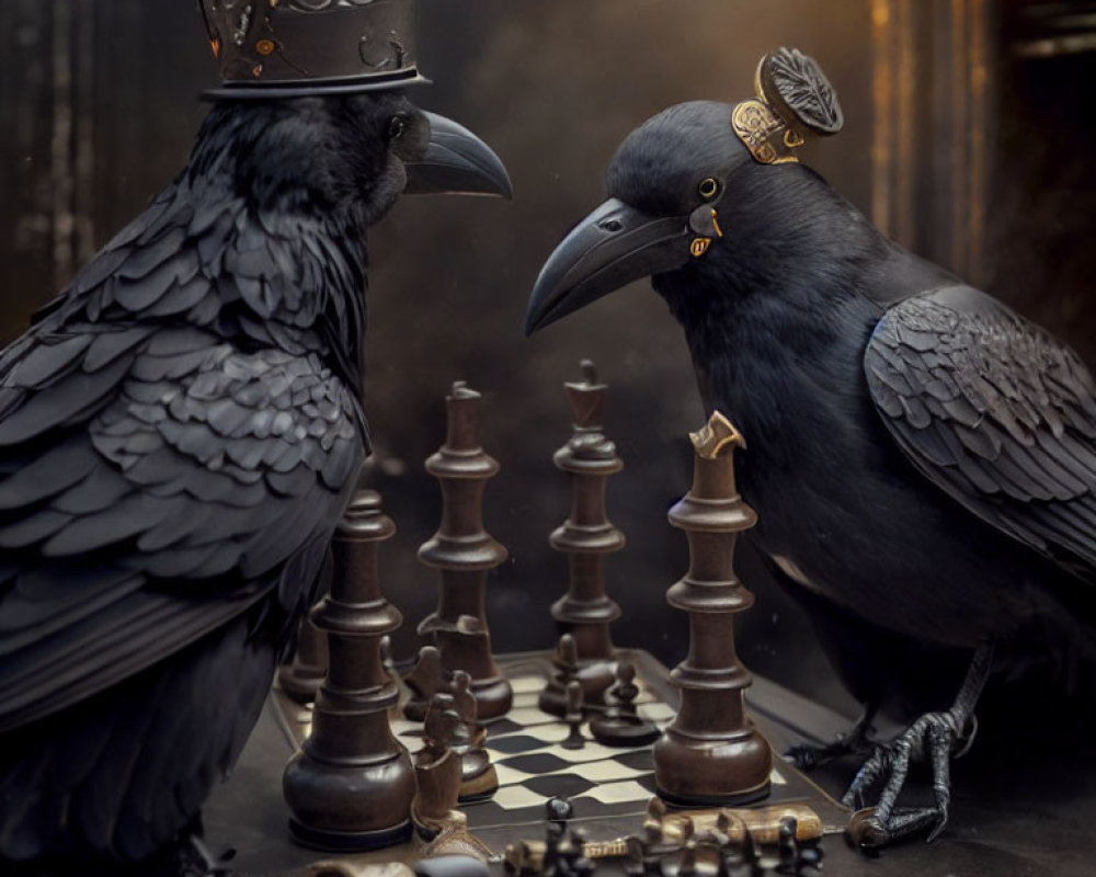 Ravens in royal attire play chess on a board